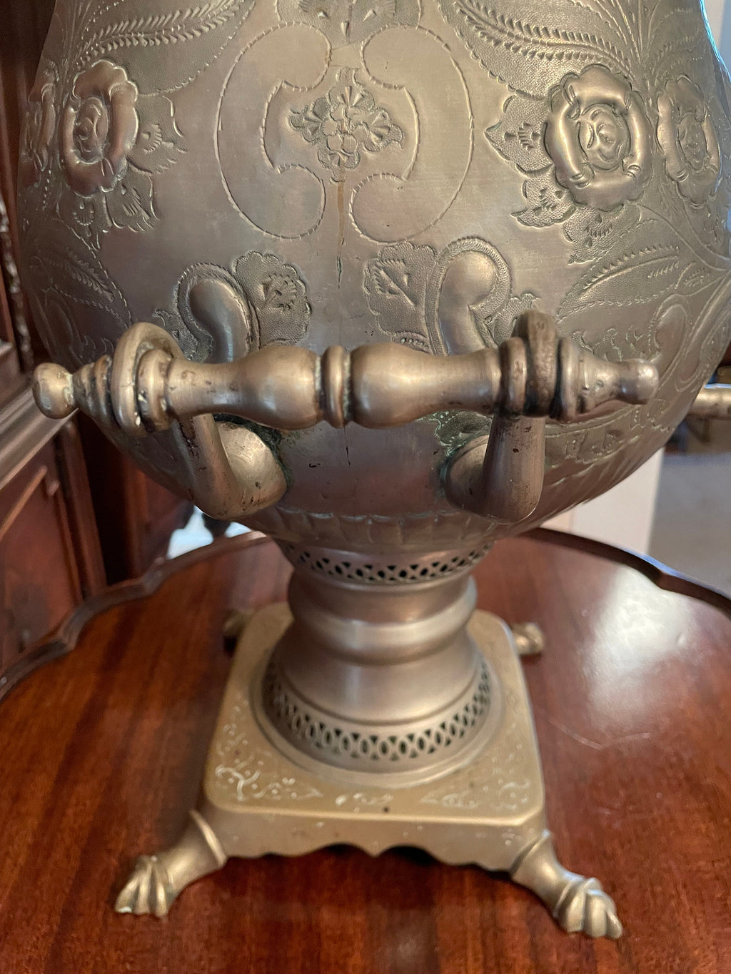 Antique Middle Eastern Samovar Large Engraved Brass Tea Urn Footed Base Unique Floral Pattern Arabic Script Collectible Decoration Piece