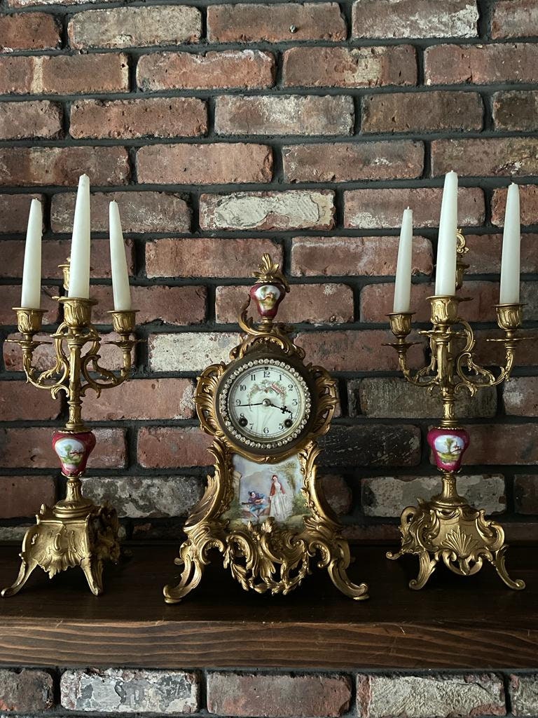 Antique Rococo Style French Clock Set Gilt Bronze Candelabras Porcelain Accents Romantic Scene Victorian Decor Collectible Mantelpiece 1900s