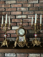 Antique Rococo Style French Clock Set Gilt Bronze Candelabras Porcelain Accents Romantic Scene Victorian Decor Collectible Mantelpiece 1900s