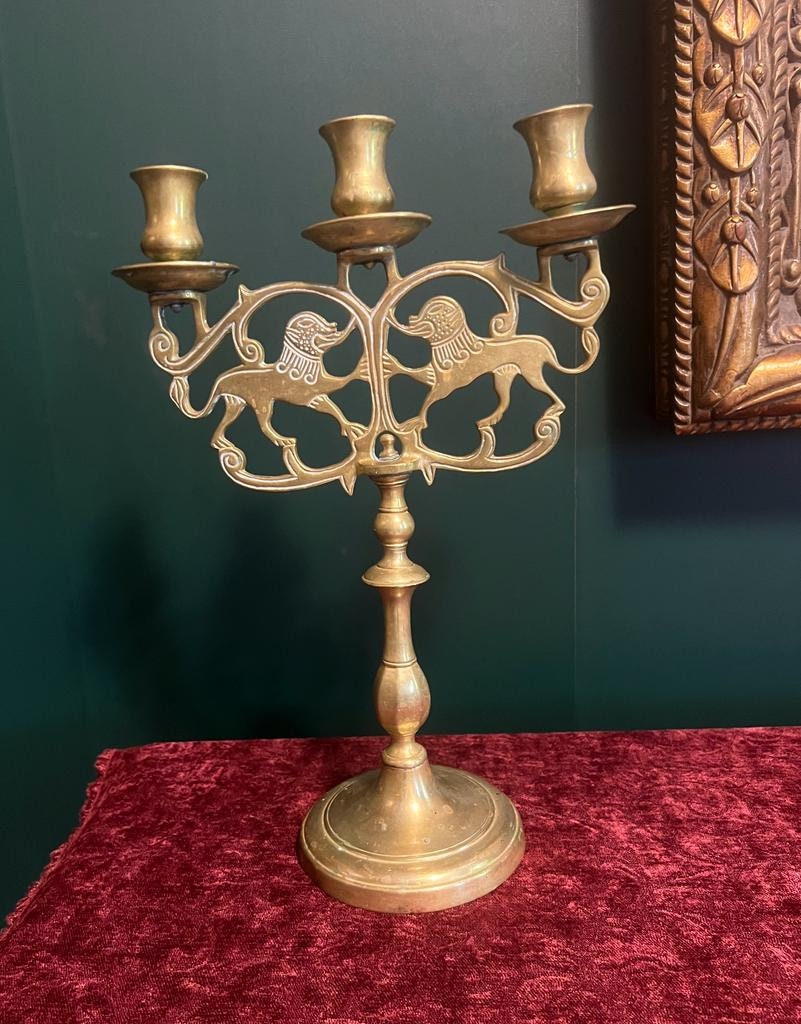 Vintage Brass Three Arm Candelabra Lion Motif Ornate Candle Holder Heavy Solid Metal Middle Eastern Style Antique Gold Home Decoration Piece