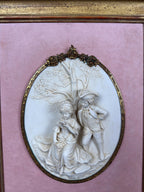 Antique Bisque Porcelain Wall Plaques Pair, French Rococo Gilt Framed Romantic Scene Panels