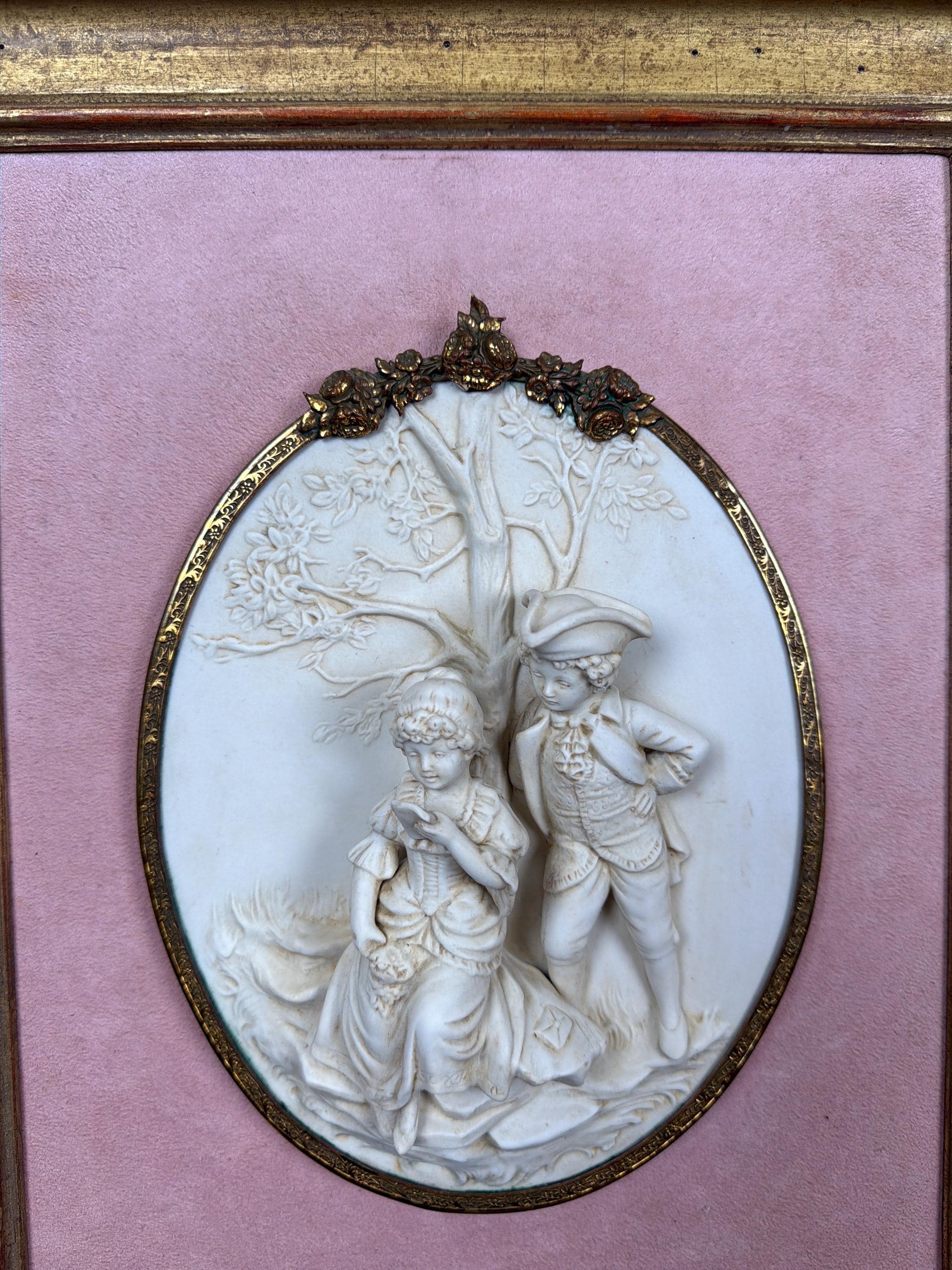 Antique Bisque Porcelain Wall Plaques Pair, French Rococo Gilt Framed Romantic Scene Panels