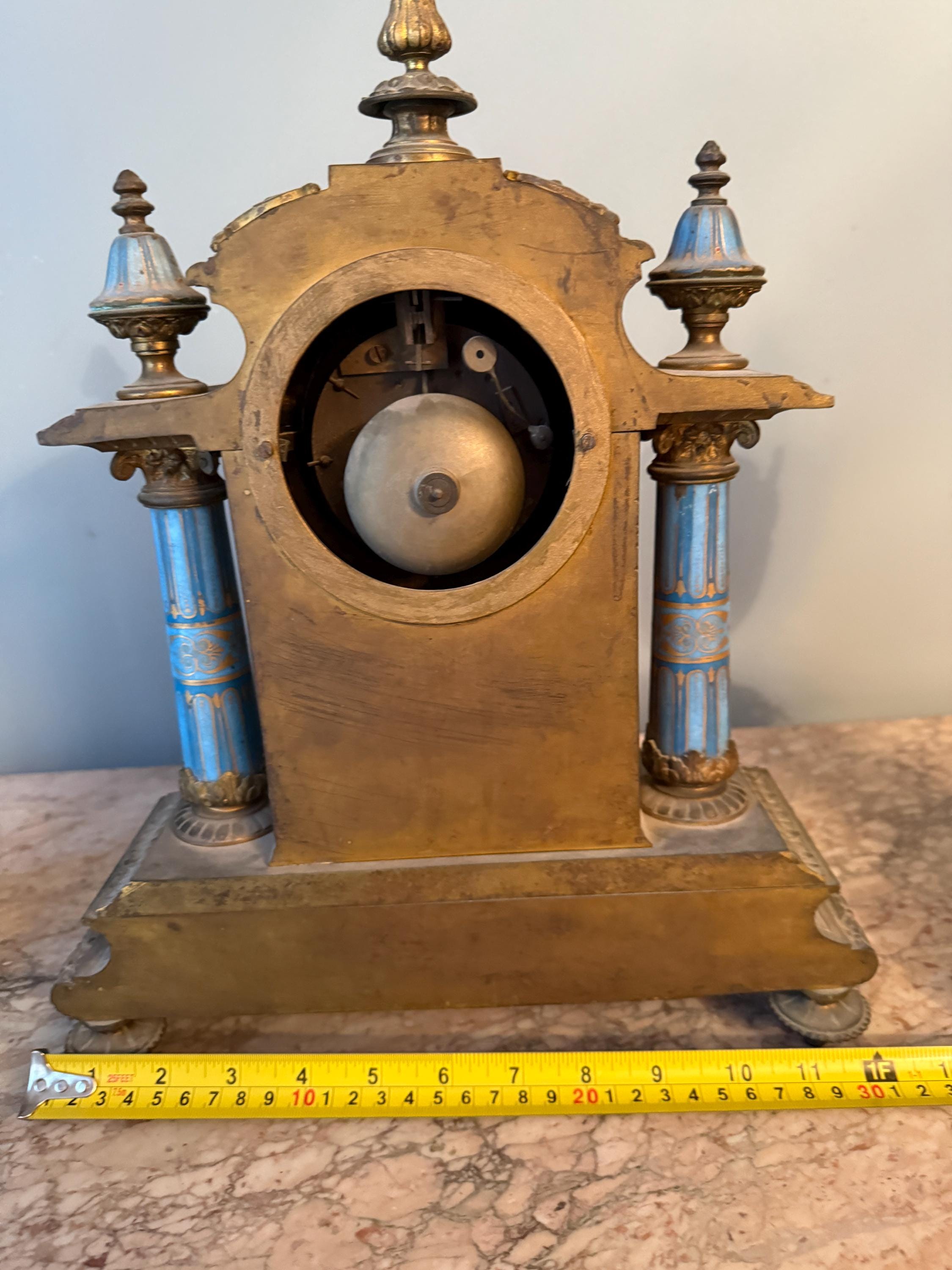 Exquisite Antique French Sevres Blue Porcelain Gilt Bronze Clock Set Late 19th Century 3 Piece Mantel Garniture Hand Painted Romantic Scenes