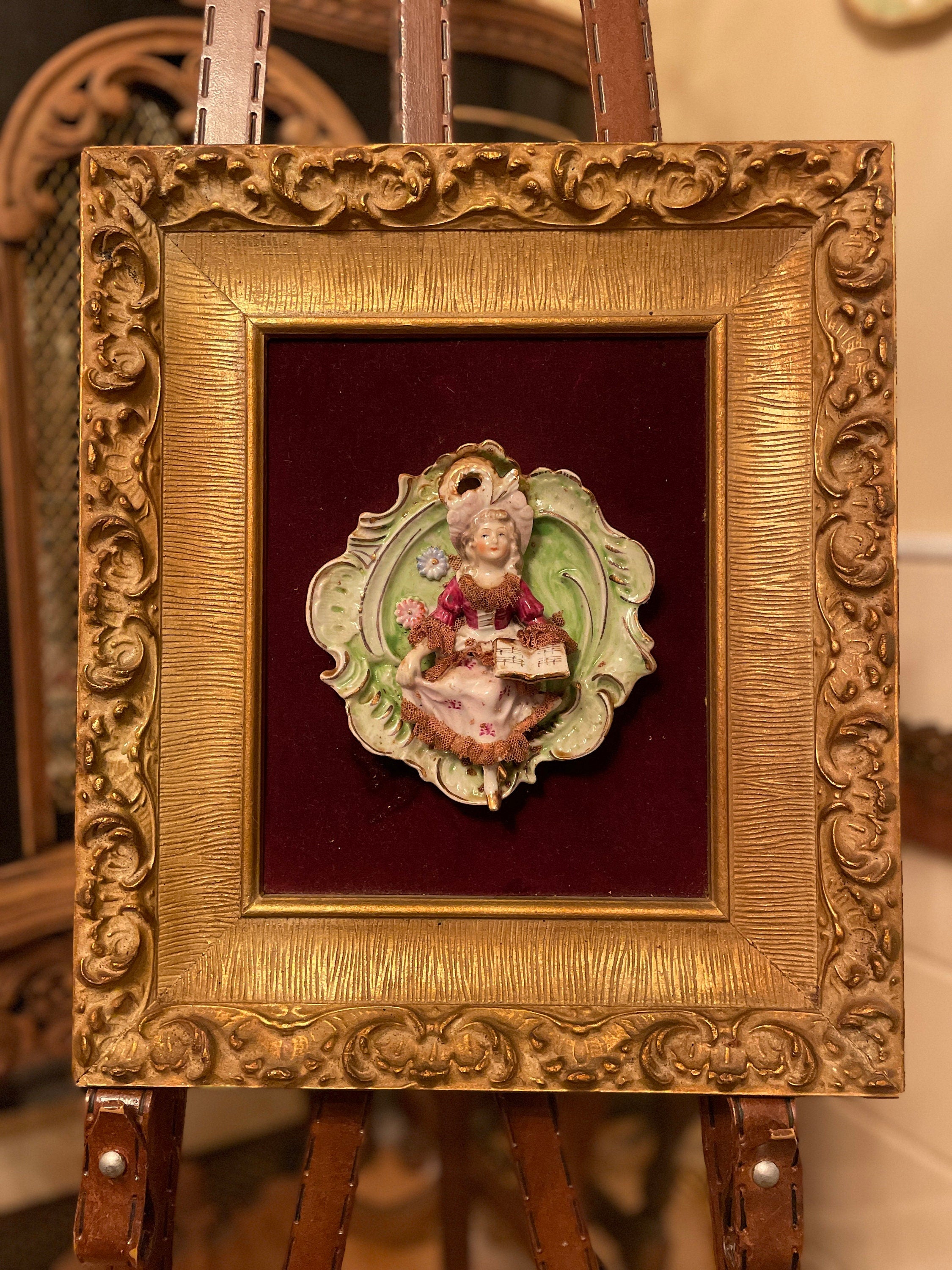 Antique Porcelain Wall Plaque Couple Relief Gilt Frame Velvet Backing Victorian Style French Rococo Art Figurine Decor Romantic Gift Idea