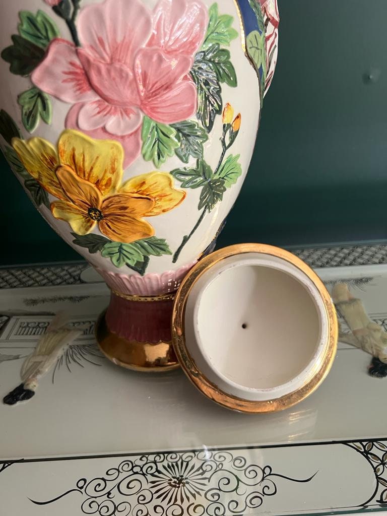 Vintage Hand Painted Oriental Vase Pink Gold Floral Chinese Woman Motif Large Ceramic Urn Decorative Collectible Home Decor Statement Piece