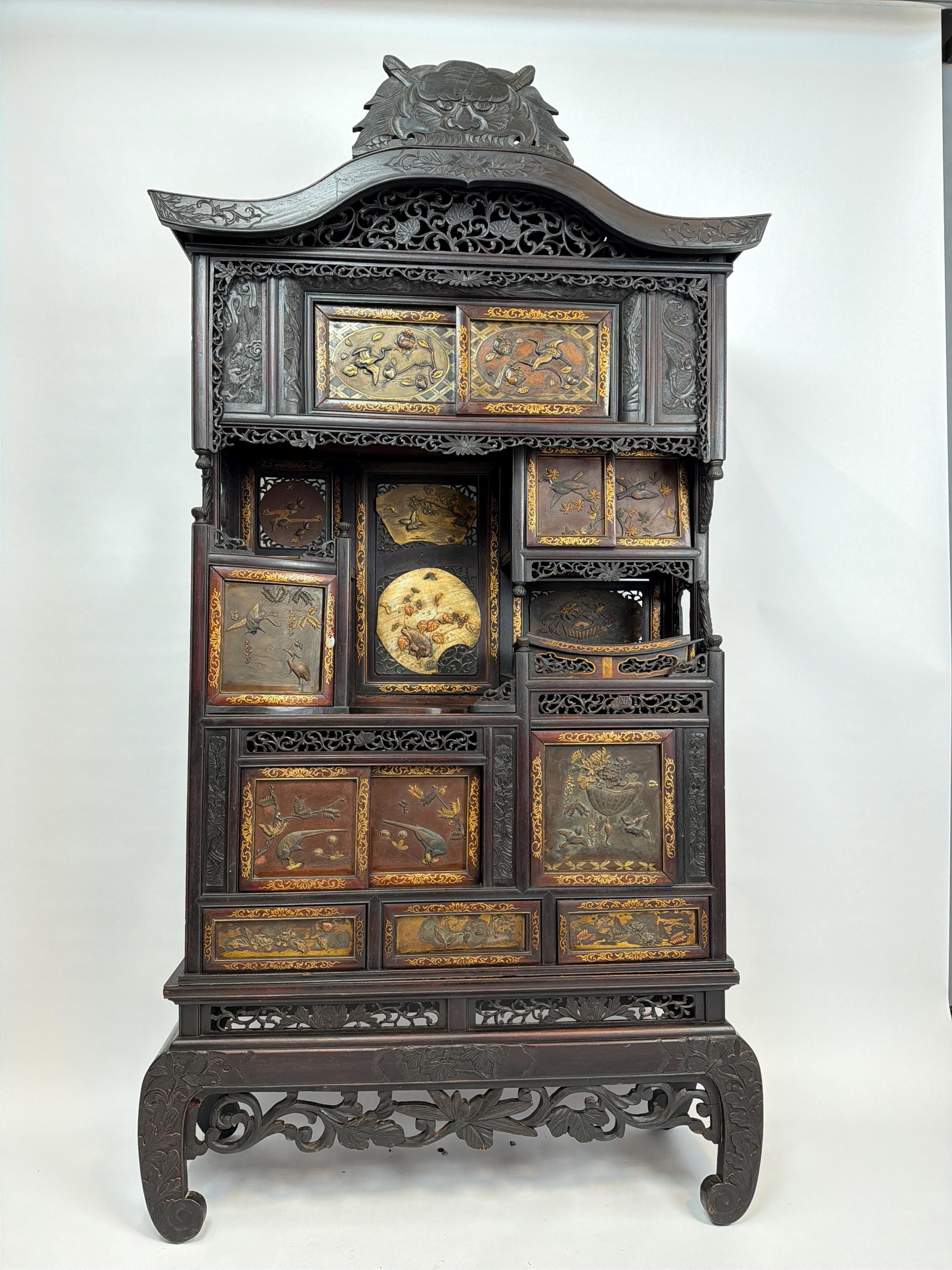Antique Japanese Meiji Cabinet: Hand Carved Wood Birds, Floral Panels, Gilt Detail