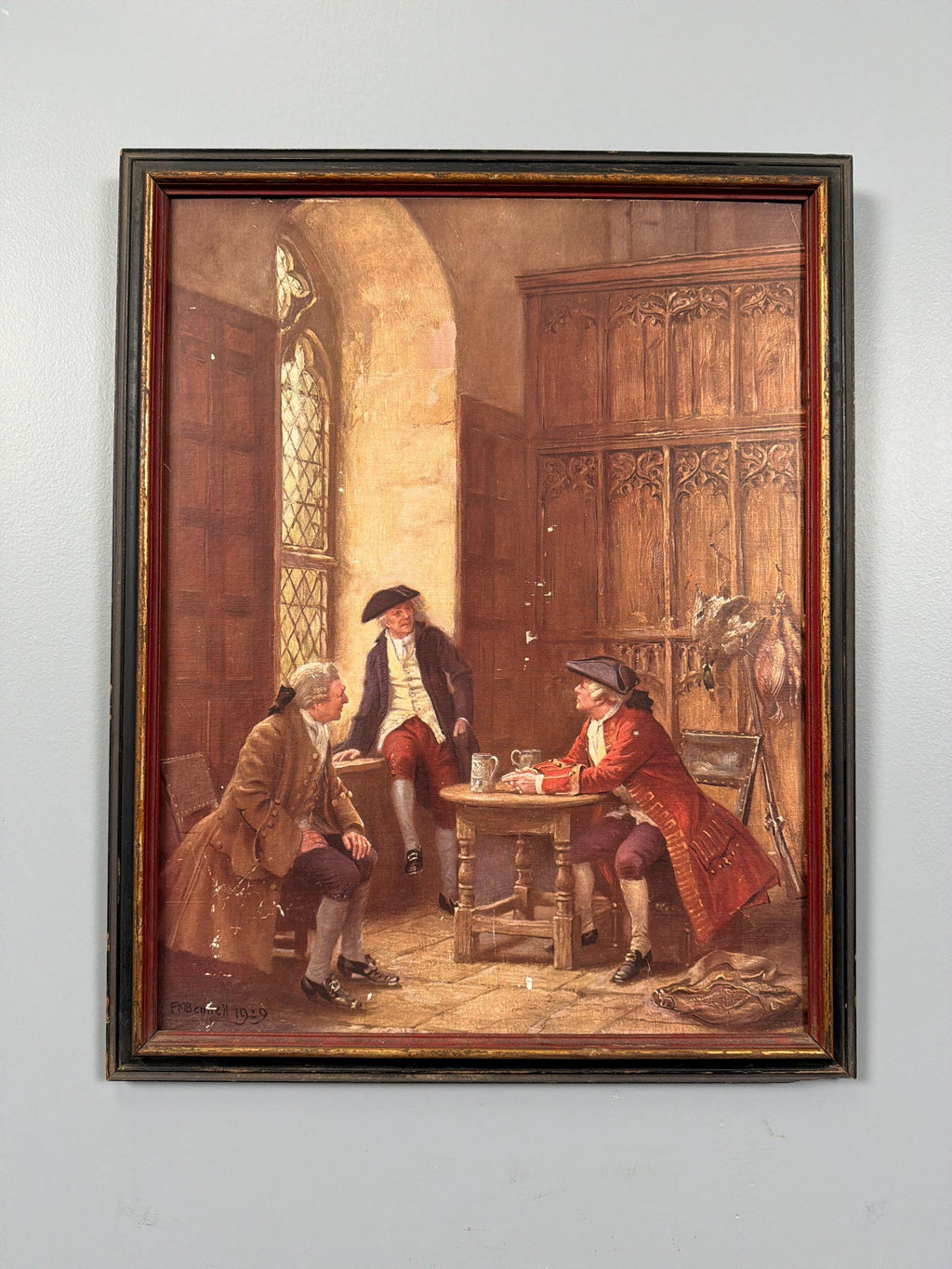 1929 Signed British Genre Old Print – Georgian Tavern Interior Scene, Early 20th Century Historical Revival Artwork