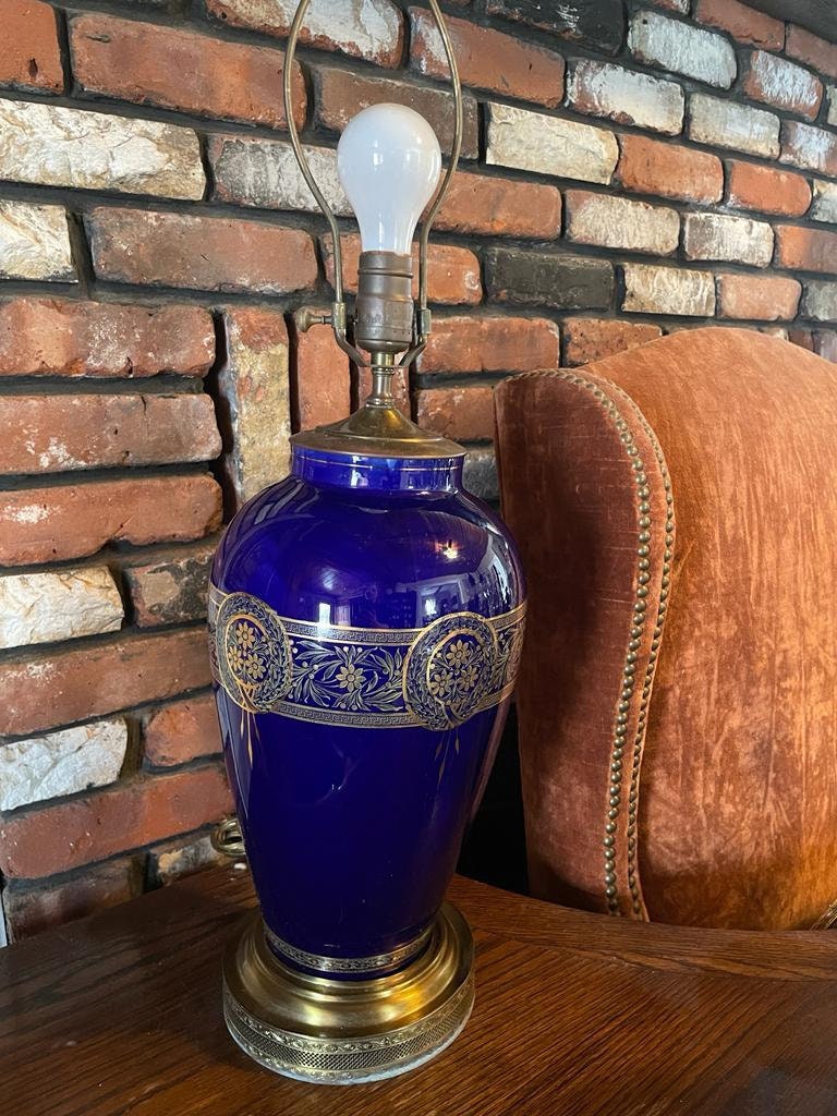 Antique Cobalt Blue Glass Table Lamp Gilt Floral Design Brass Base Elegant Lighting French Style Accent Vintage Home Decoration Unique Piece