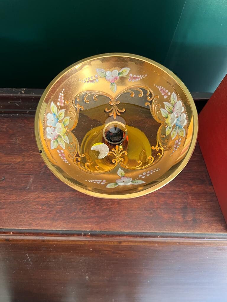 Bohemian Amber Glass Compote Dish Hand Painted Floral Enamel Pedestal Bowl Vintage Art Home Decoration Elegant Tableware Collector Display
