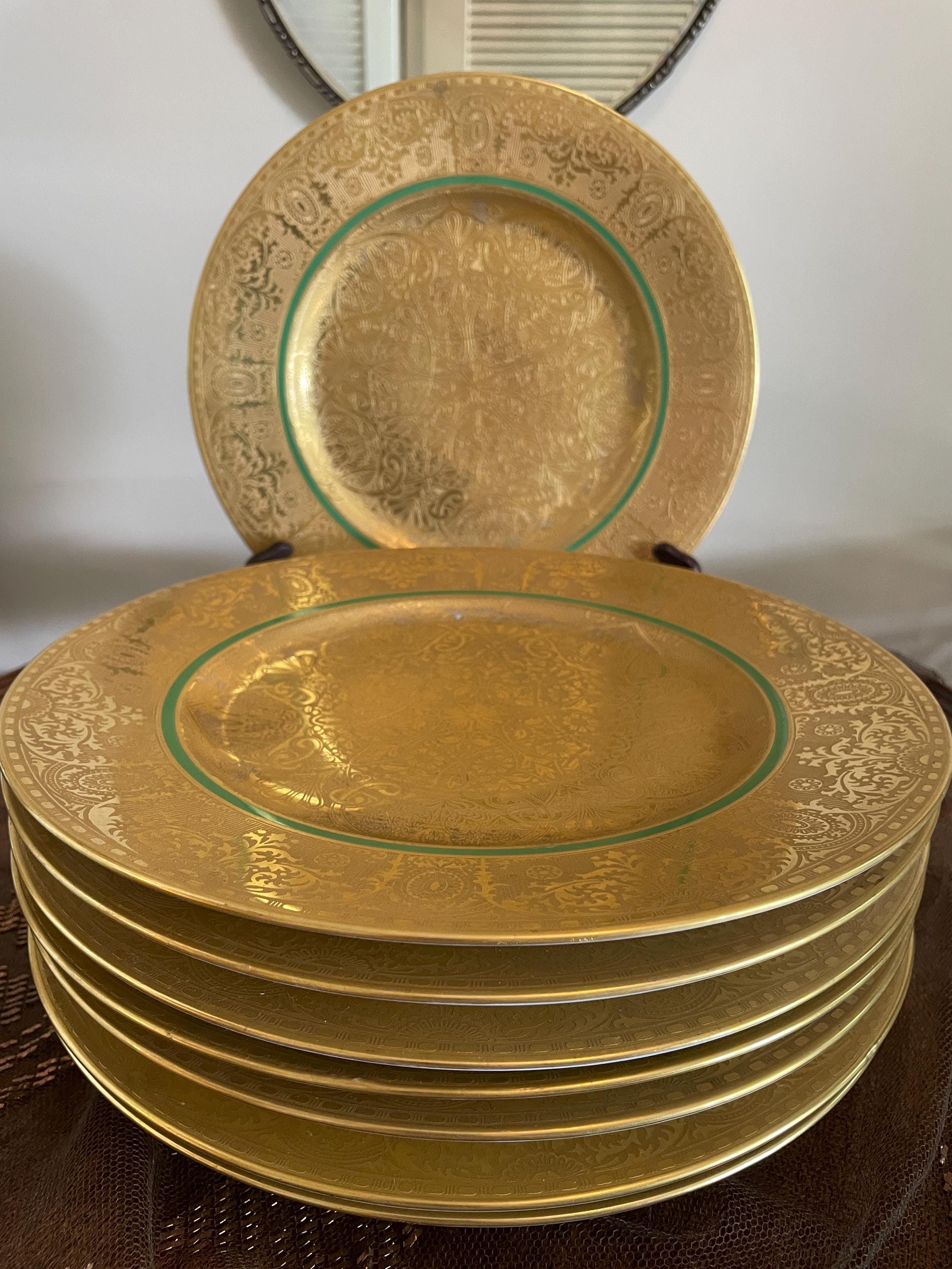 Set Of 8 Royal Bavarian 22K Gold Encrusted Serving Plates Ornate Antique Porcelain Tableware 1890s Decorative Luxury Gilded Dining Pieces