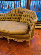 Antique French Louis XV Style Tufted Canapé  Antique French Sofa Ornate Carved Frame Reupholstery Louis XV Style Circa 1900s Luxurious Sofa