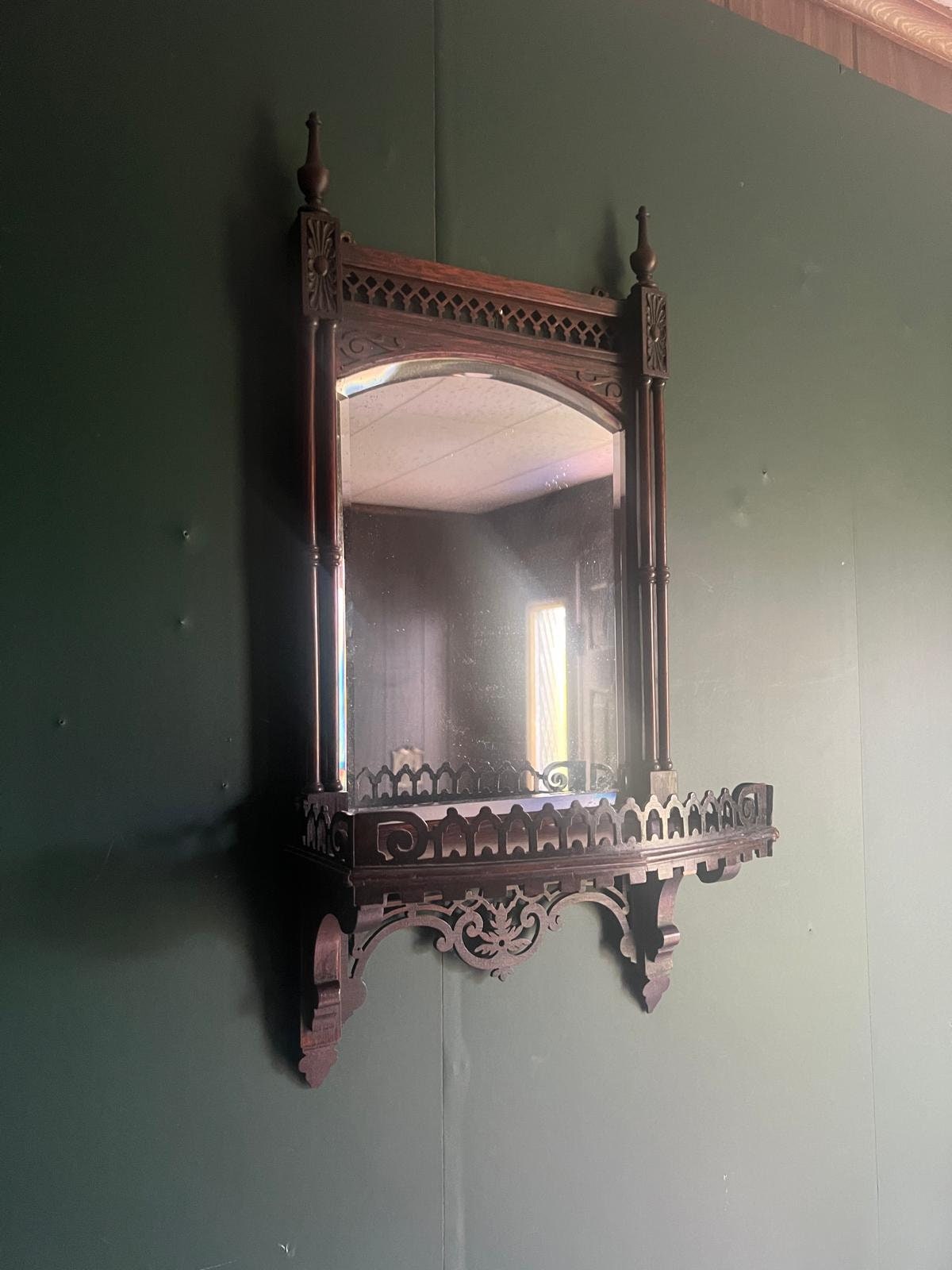Antique Victorian Wall Mirror Wood Frame Gothic Shelf Hallway Accent Ornate Entryway Decor Carved Hanging Piece Collectible Unique Vanity