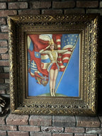 American Pin Up Girl Fourth of July Patriotic Drum Major Large Oil painting Ornate Wood Frame On Canvas American Flag Girl Painting Artwork