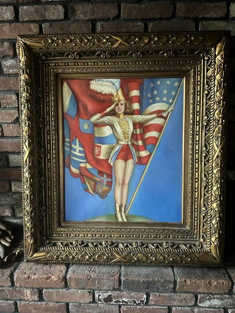 American Pin Up Girl Fourth of July Patriotic Drum Major Large Oil painting Ornate Wood Frame On Canvas American Flag Girl Painting Artwork