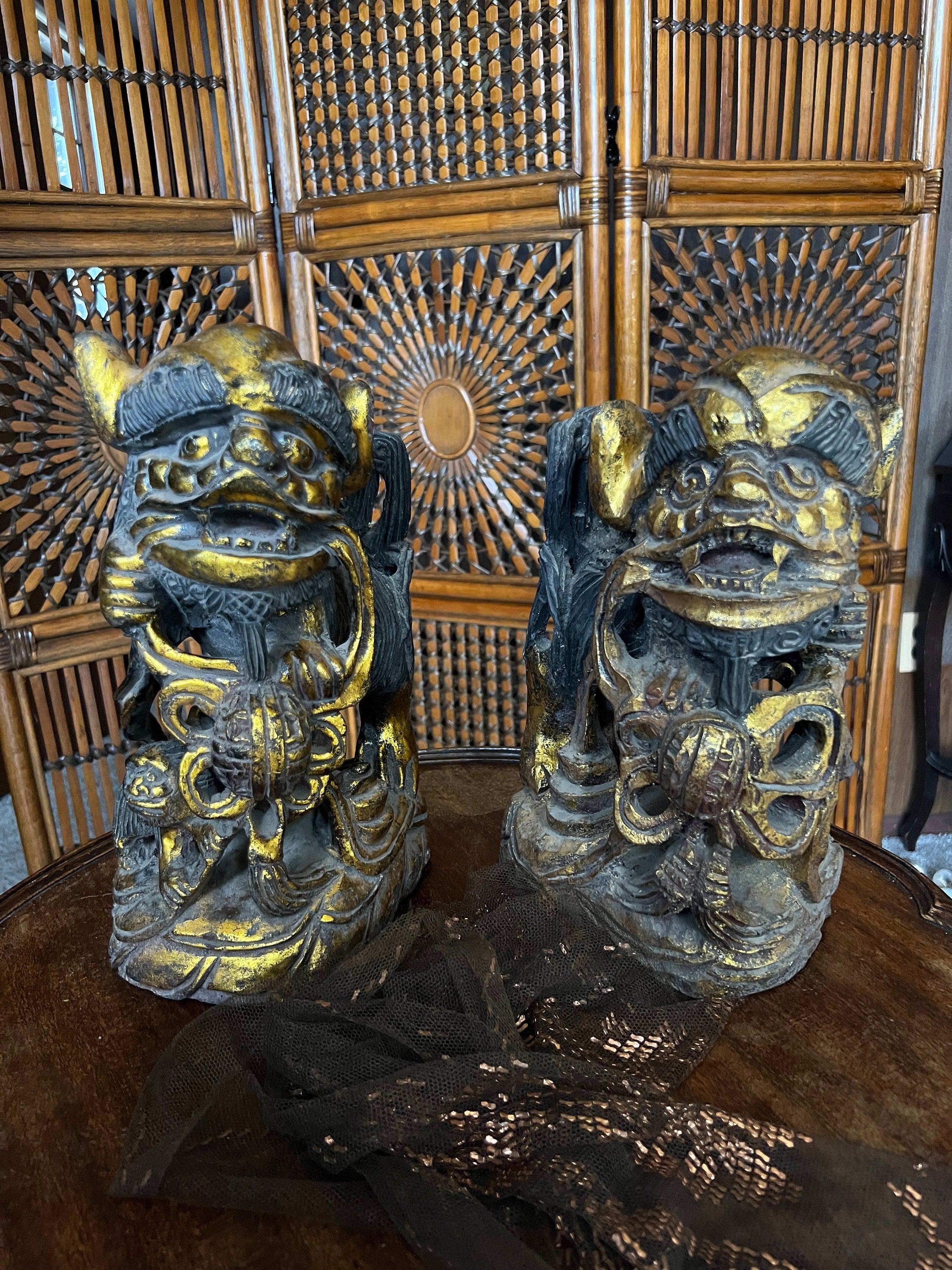 Antique Asian Foo Dog Sculptures Pair Hand Carved Guardian Lions Gold Accents Temple Decor Wood Figurines Home Collectible Art Statue