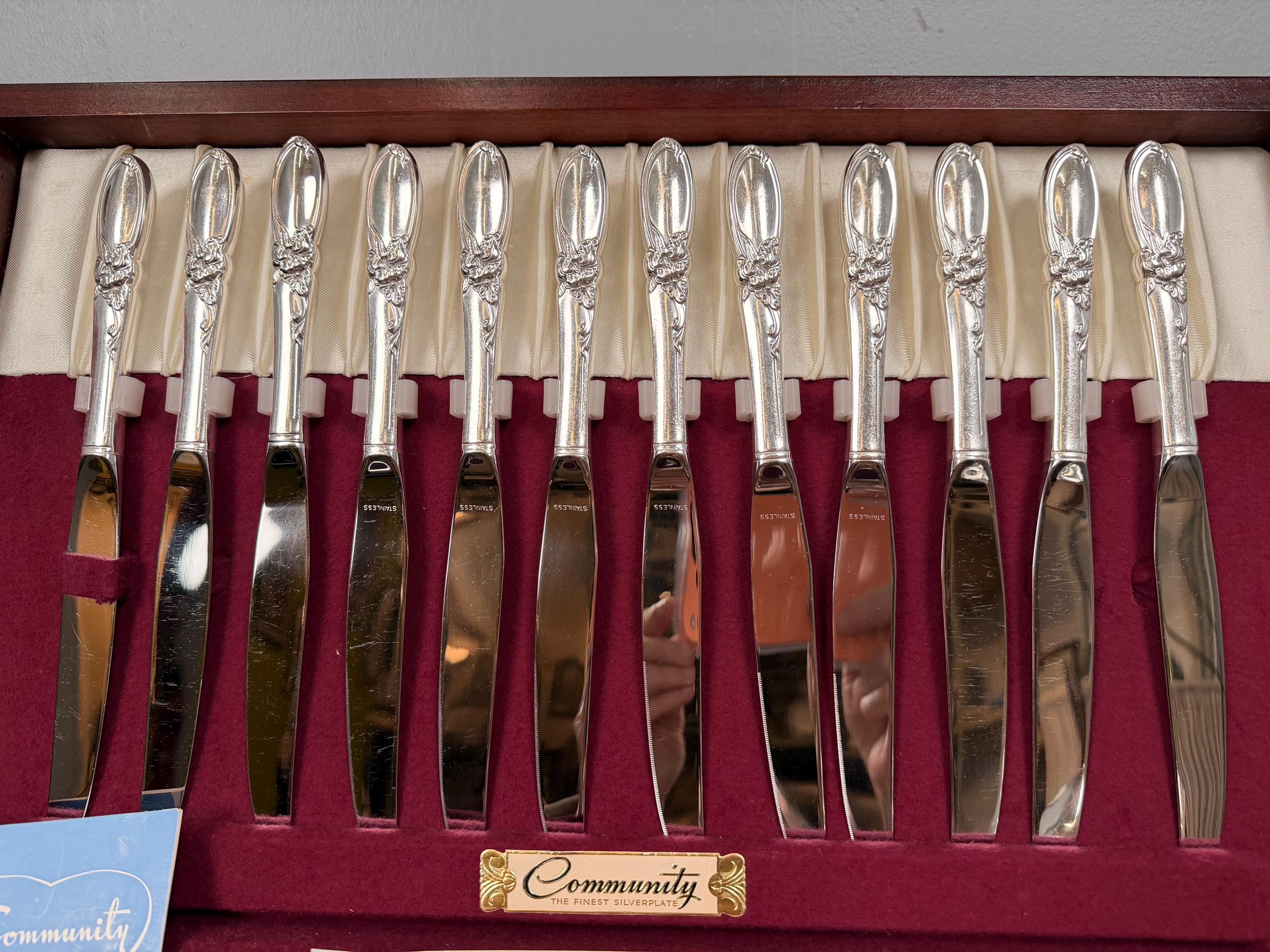 Vintage Community Plate White Orchid Silverplate Flatware Set in Original Wood Chest 76 Piece Floral Service