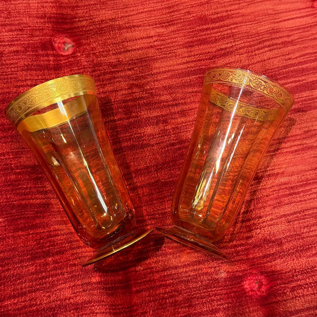 Vintage Amber Glass Tumblers Set of 7 Gold Rim Two Patterns Highball Glasses Mid Century Barware Honey Gold Drinkware