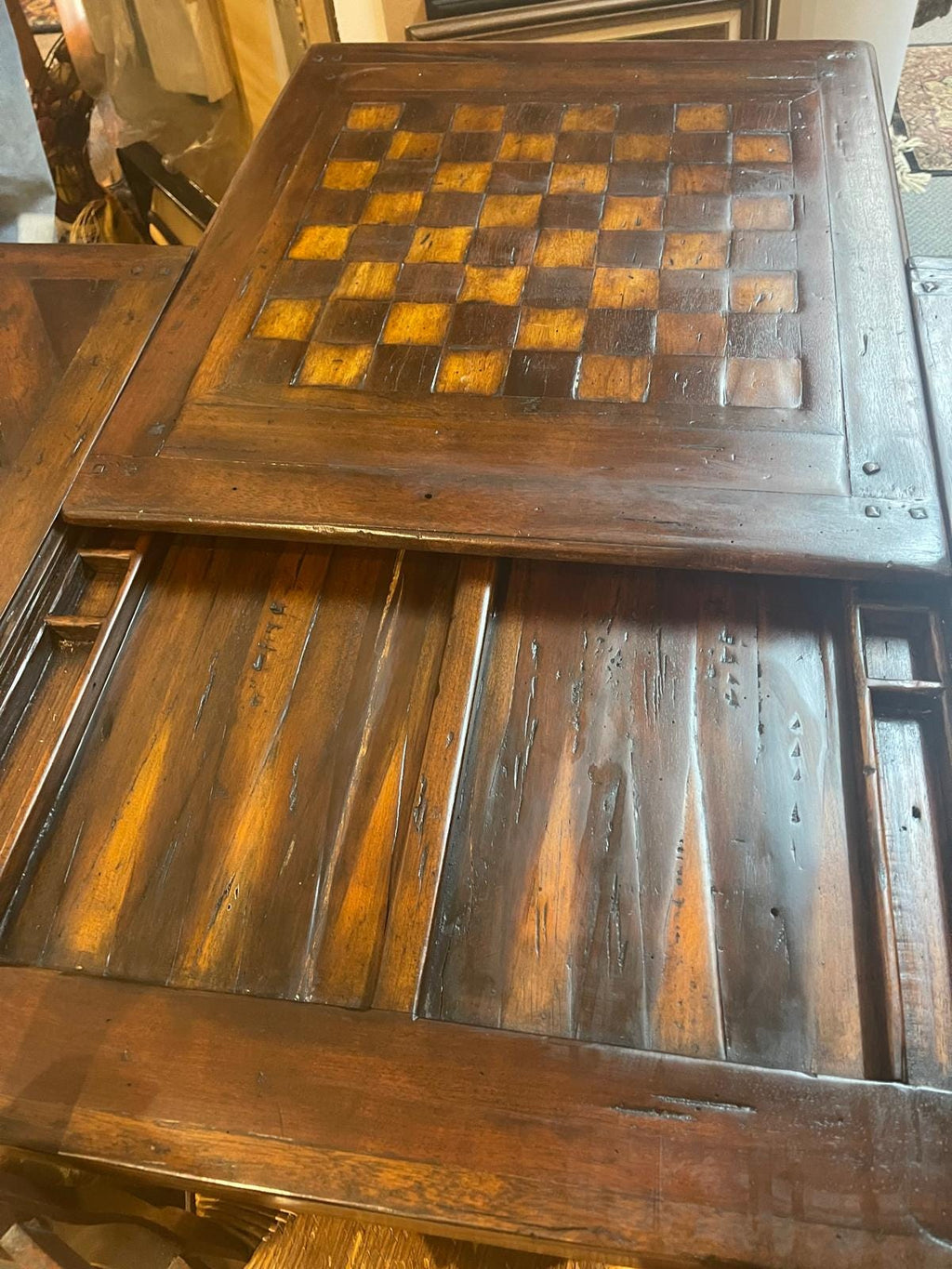 Antique Handcarved Walnut Chess Table Backgammon Game Table by Theodore Alexander Vienna Coffeehouse Style Wood Pieces Luxurious  Furniture