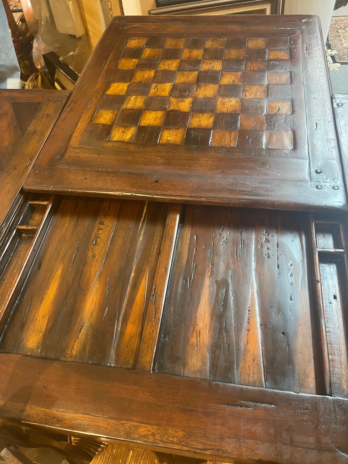 Antique Handcarved Walnut Chess Table Backgammon Game Table by Theodore Alexander Vienna Coffeehouse Style Wood Pieces Luxurious  Furniture