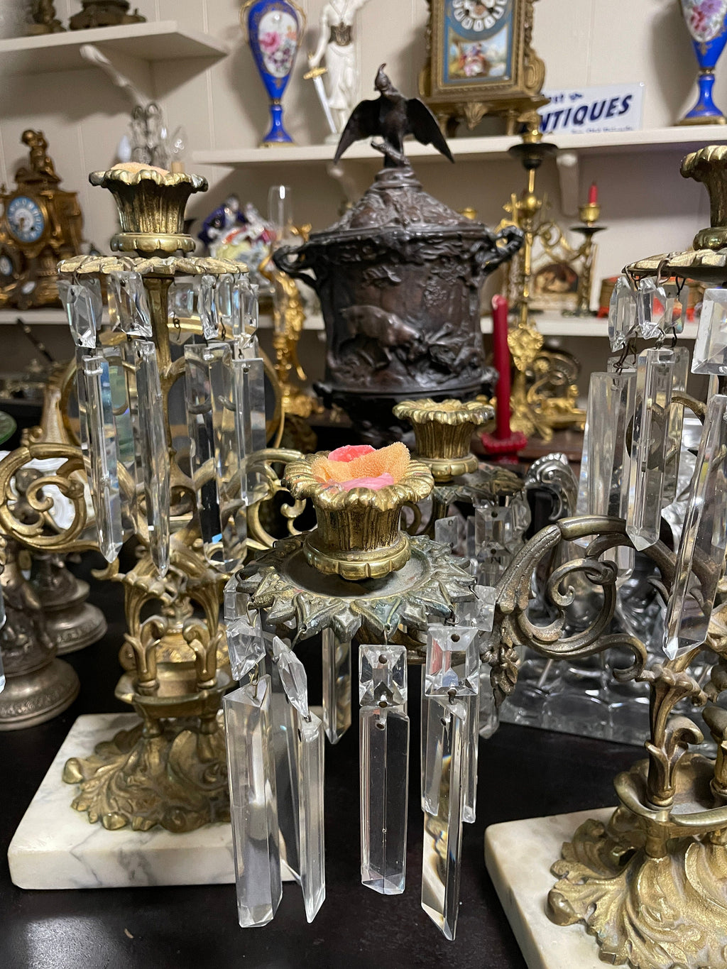 Pair of Antique French Empire Gilt Bronze Crystal Candelabras Elegant 6 Arm Candlesticks Stunning Mantel Decor Circa 1850 Rare Find Elegance