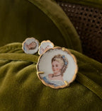 Vintage 1940s Limoges Hand Painted  Porcelain Cameo-like Trombone Clasp Screw Back Earrings and Brooch Set in Box Amazing Vintage Gift