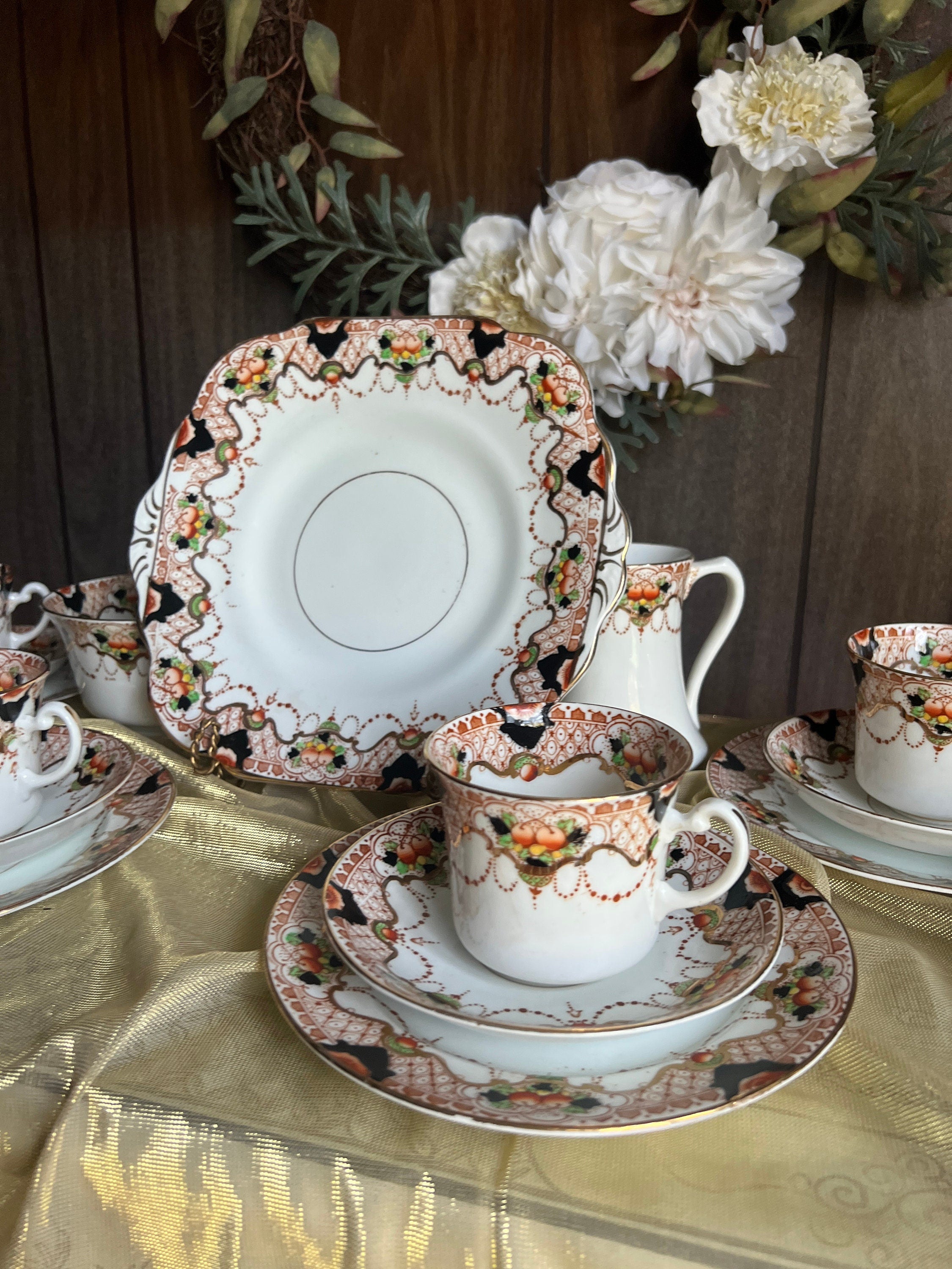 Vintage Royal Crown Derby Imari Style Porcelain Tea Set Hand Painted Floral Pattern Gold Trimmed Cups Plates Bowls Pitcher Elegant Decor