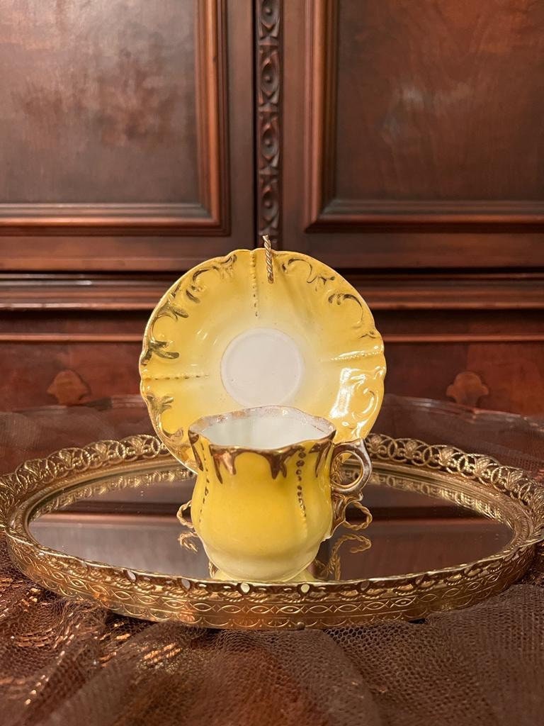 Vintage Yellow Ornate Porcelain Teacup Set Japanese Rococo Baroque Style Embossed Design Collectible Display Piece Japan Marked Elegant