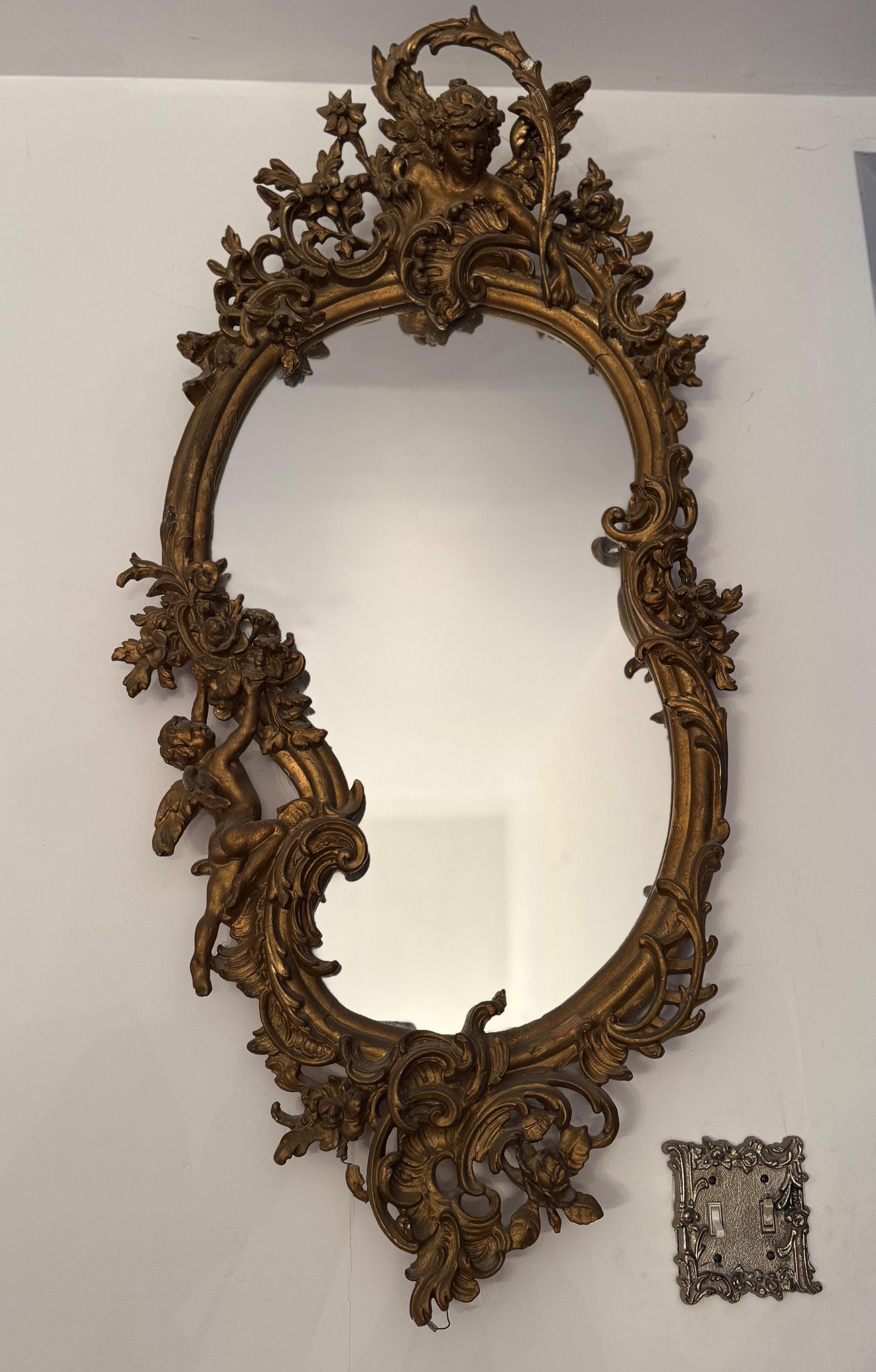 Antique French Rococo Mirror Ornate Gilded Wall Mirror Cherub Detail Rare 19th C. Baroque Style Victorian Mirror Luxurious Home Decoration