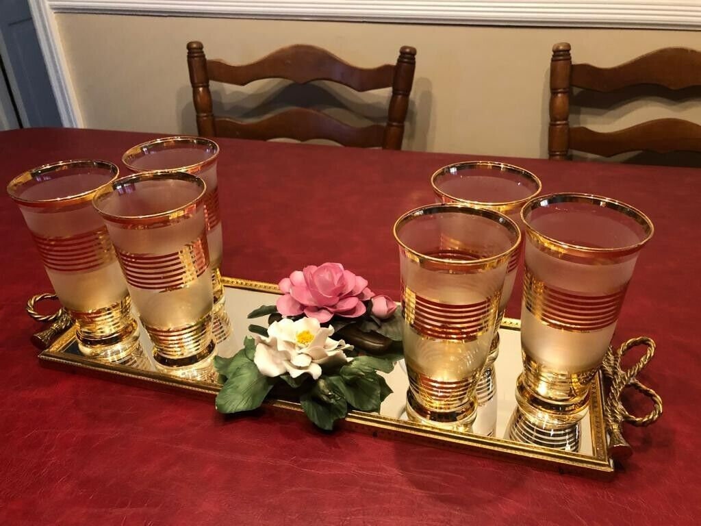 Vintage Gold Striped Frosted Glassware Set Mid Century Barware Elegant Tumblers Hollywood Regency Home Decoration Drinkware Display Piece