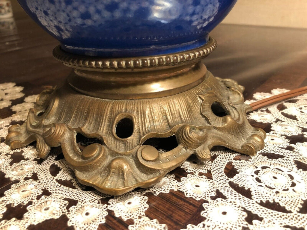 Pair Of Antique French Cobalt Blue Porcelain Table Lamps Hand Painted Floral Panels Ornate Brass Base Converted Electric Lighting Decor