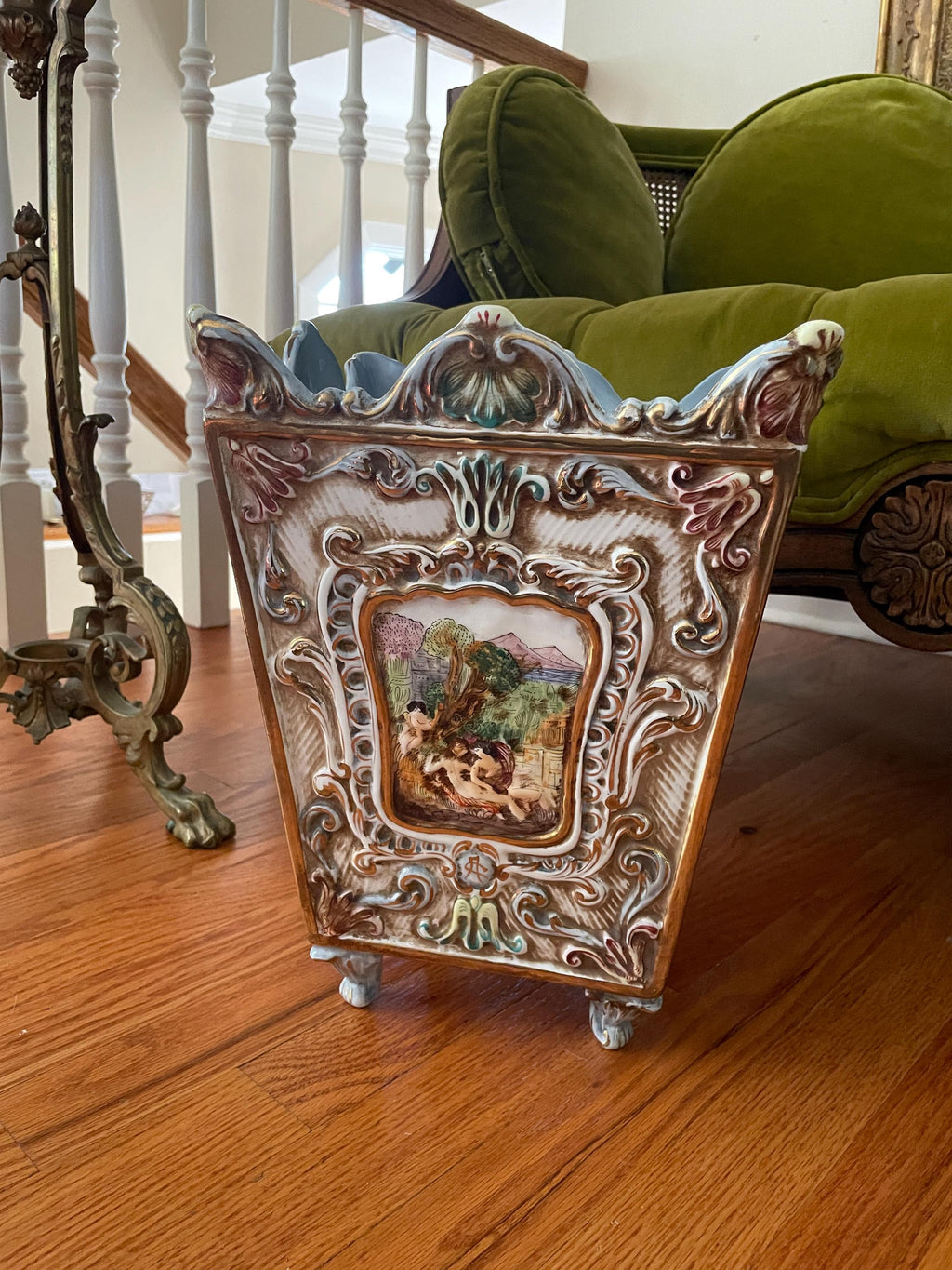 Hand Painted Italian Ceramic Planter Rococo Style Decorative Footed Cachepot Cherub Scene Ornate Vase Home Decoration Art Pot Unique