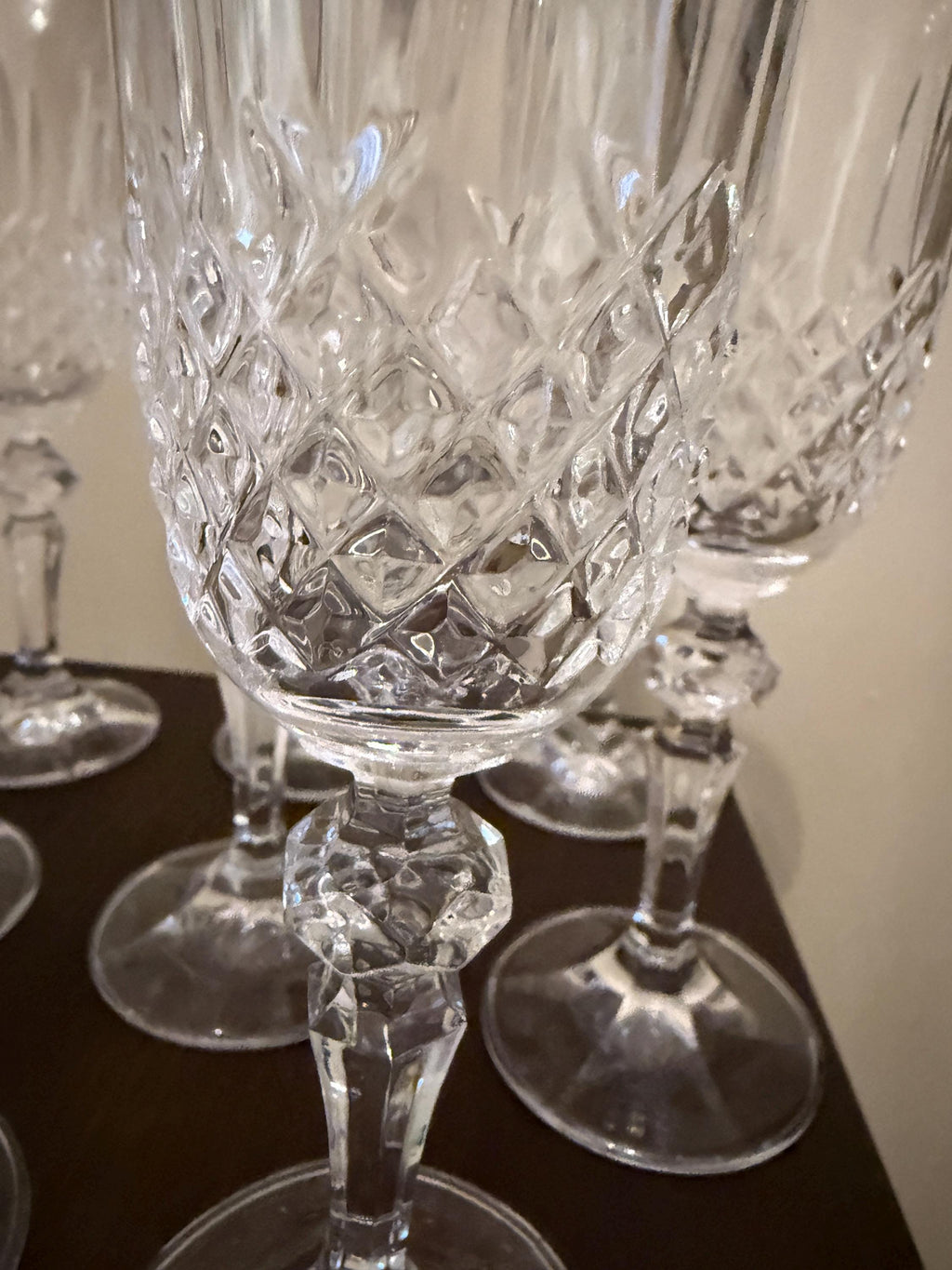 Vintage Cut Crystal Wine Glasses Set of 7 Faceted Stemware with Flared Rims  Elegant European Style Clear Glass Goblets Glassware Set