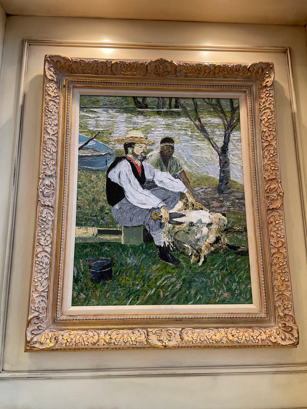 Framed Impressionist Oil Painting Pastoral Scene River Men Shearing Sheep Gilt Wood Frame Signed Wall Art Decoration Thick Brush Strokes