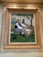 Framed Impressionist Oil Painting Pastoral Scene River Men Shearing Sheep Gilt Wood Frame Signed Wall Art Decoration Thick Brush Strokes