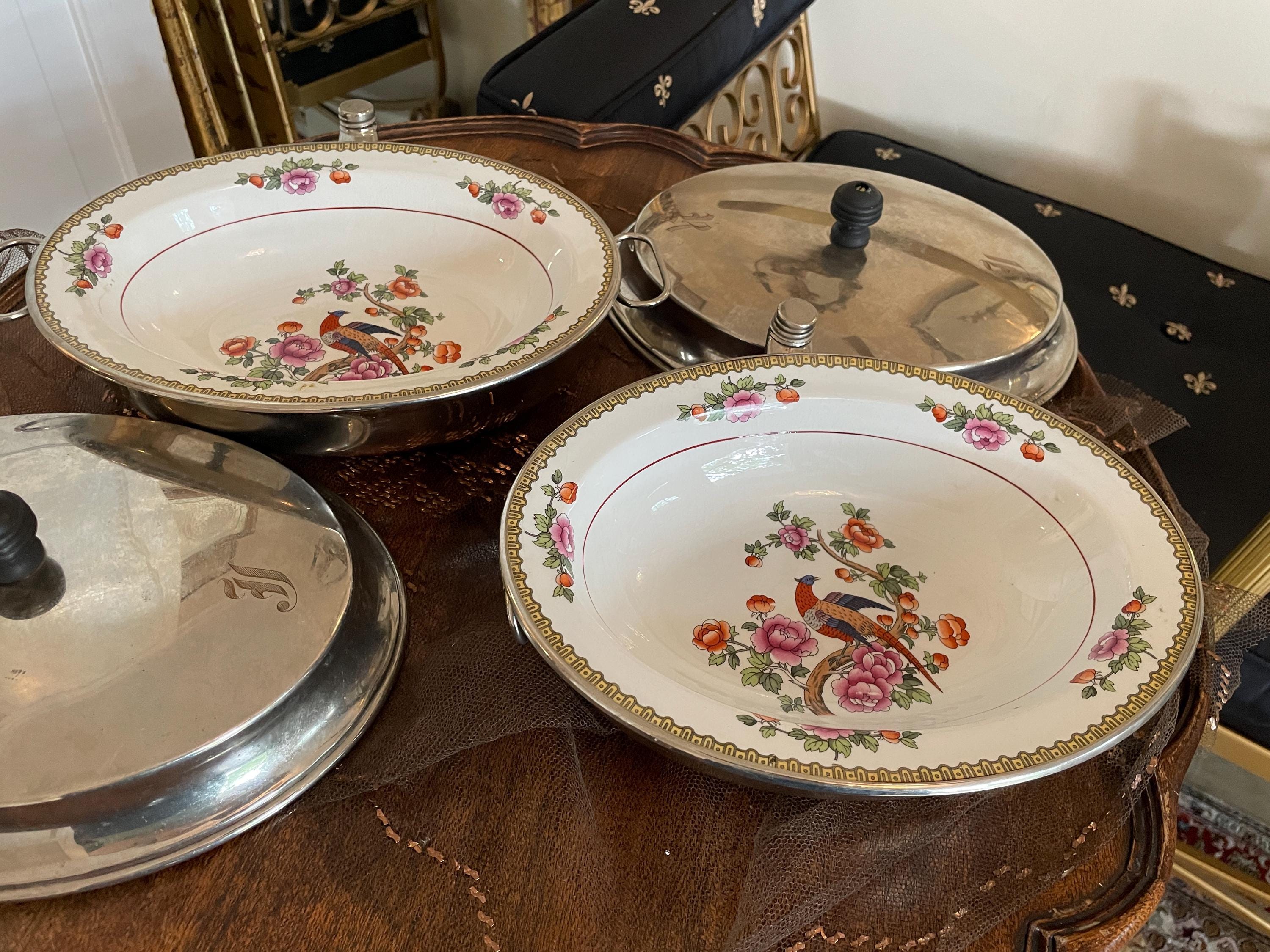 Antique Floral Porcelain Bowl Pair Peacock Motif Hot Serving Dishes Asian Style Insulated Metal Base Colorful Detailed Vintage Kitchen Decor