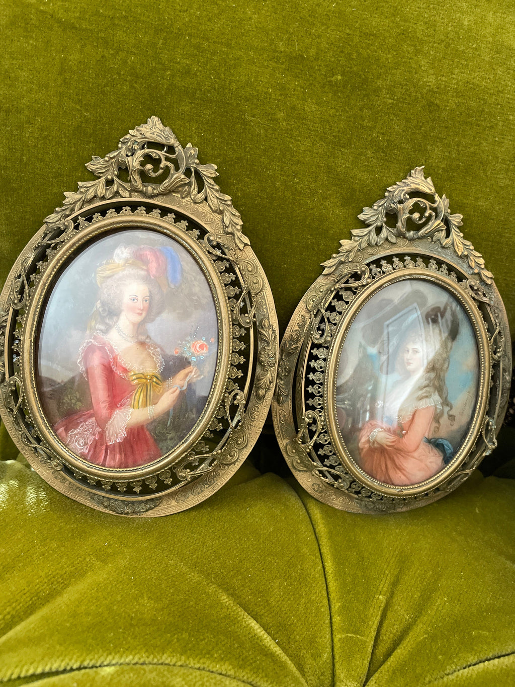 Romantic Antique French Style Portrait Miniatures Set of Two Hand Painted in Ornate Brass Frames 18th Century Rococo Wall Art Decor Gift