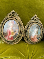 Romantic Antique French Style Portrait Miniatures Set of Two Hand Painted in Ornate Brass Frames 18th Century Rococo Wall Art Decor Gift