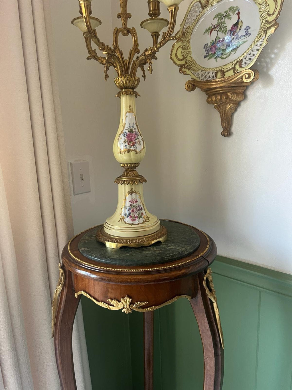 Antique French Candelabra Pair Porcelain Floral Gilt Bronze Five Arm Candle Holders Rococo Style Elegant Table Mantel Centerpiece Decor