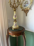 Antique French Candelabra Pair Porcelain Floral Gilt Bronze Five Arm Candle Holders Rococo Style Elegant Table Mantel Centerpiece Decor