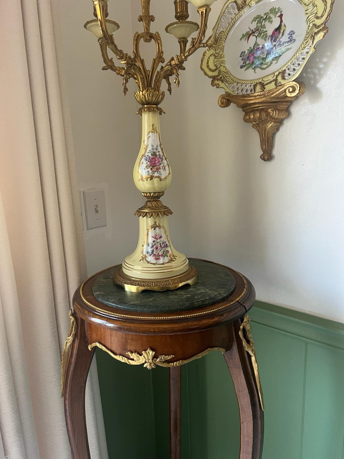 Antique French Candelabra Pair Porcelain Floral Gilt Bronze Five Arm Candle Holders Rococo Style Elegant Table Mantel Centerpiece Decor