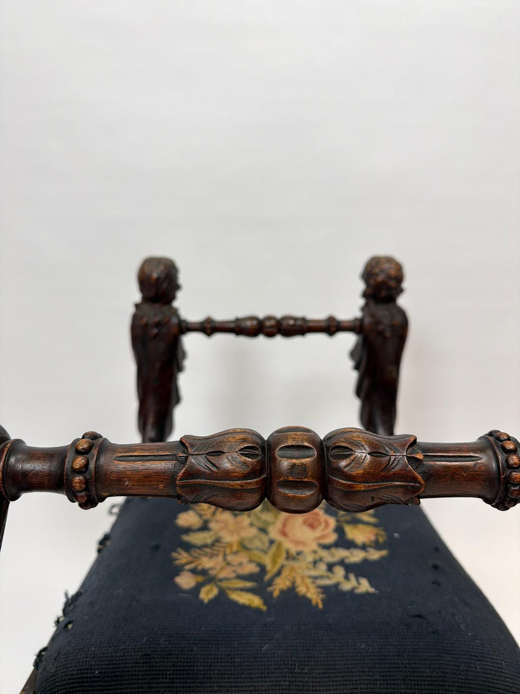 Antique Figural Carved Wood Bench Neo Classical Cherub Style Upholstered Seat Victorian Era Decorative Bench Tapestry