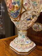 Hand Painted Italian Capodimonte Urn Rococo Cherub Nude Relief Mythological Decoration Baroque Porcelain Centerpiece Collectible Masterpiece