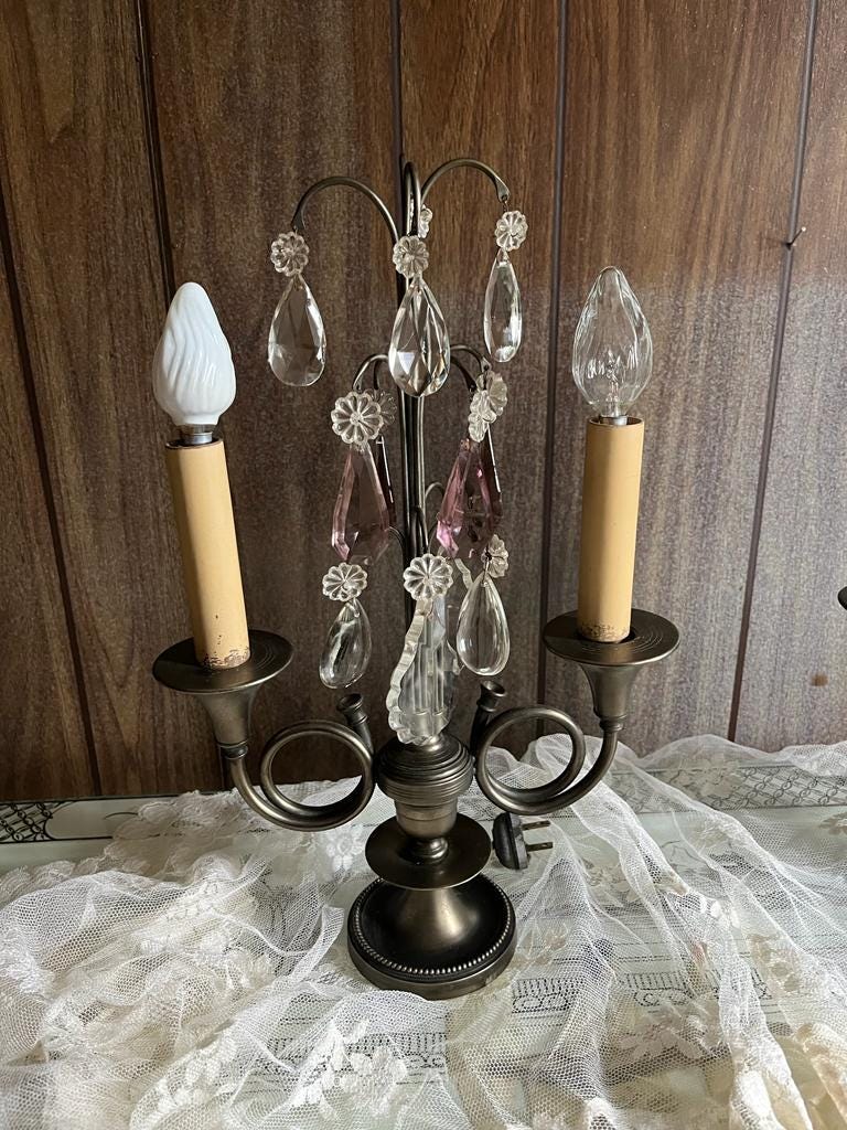 Vintage Crystal Drop Electric Candelabra Pair Elegant French Style Table Lamps Brass Base Chic Lighting Accent Romantic Decor Statement