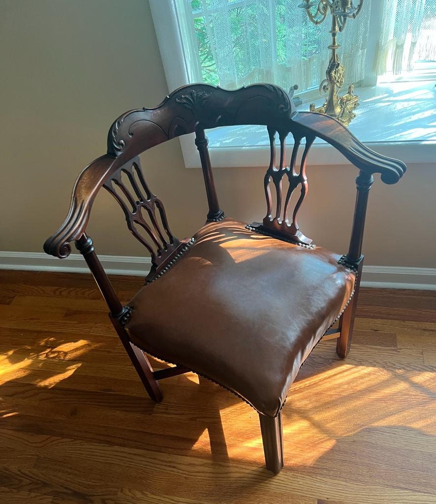 Vintage Corner Chair Mahogany Frame Brown Leather Seat Carved Back Elegant Accent Seating Classic Design Timeless Antique Home Decor Piece