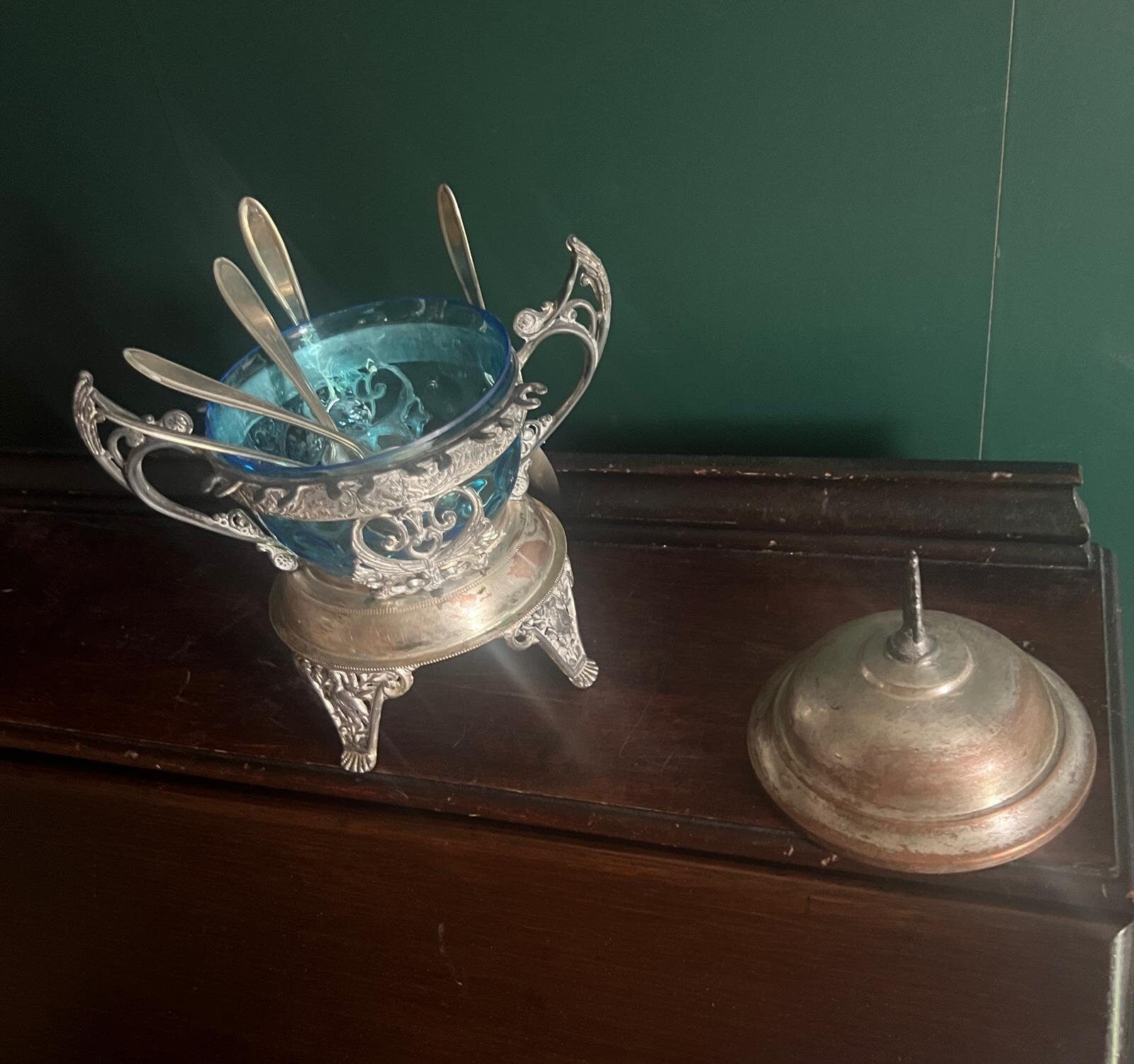 Antique Victorian Silverplate Condiment Holder Set Ornate Blue Glass Bowl Elegant Footed Frame Collectible Centerpiece Spoons Display Decor