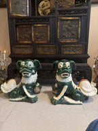 Vintage Green Glazed Foo Dog Pair, 16" Chinese Guardian Lions, Hollywood Regency Chinoiserie Statues