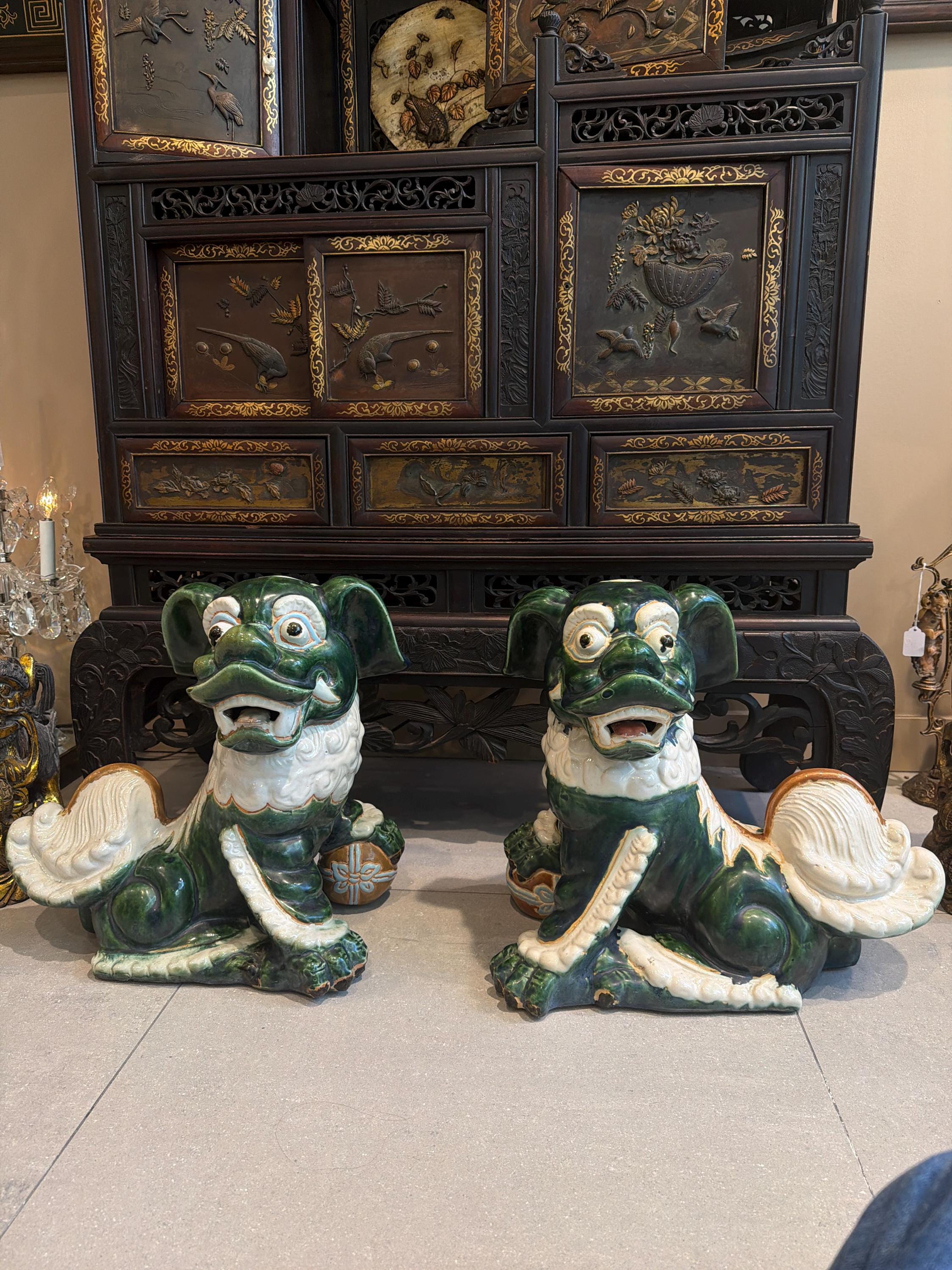 Vintage Green Glazed Foo Dog Pair, 16" Chinese Guardian Lions, Hollywood Regency Chinoiserie Statues
