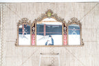 Antique Trifold Mirror: Gilt Carved Frame, Etched Glass, Red Panels