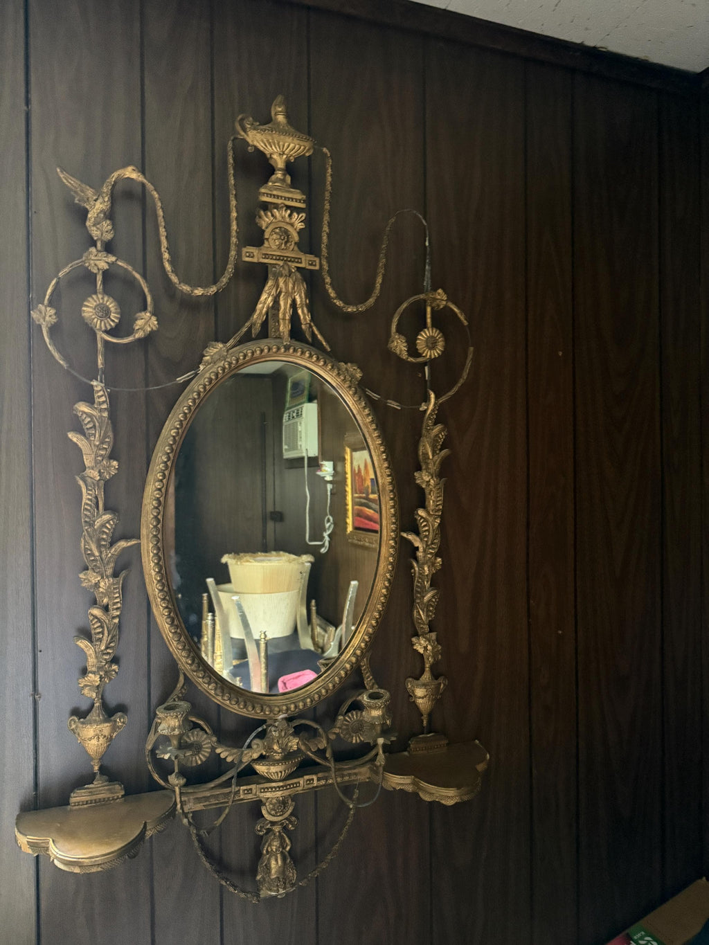 Antique French Wall Mirror 19th Century Oval Gilt Floral Wood Neoclassical Design Urn Garland Carvings Two Candle Shelves Luxurious Mirror