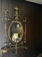 Antique French Wall Mirror 19th Century Oval Gilt Floral Wood Neoclassical Design Urn Garland Carvings Two Candle Shelves Luxurious Mirror